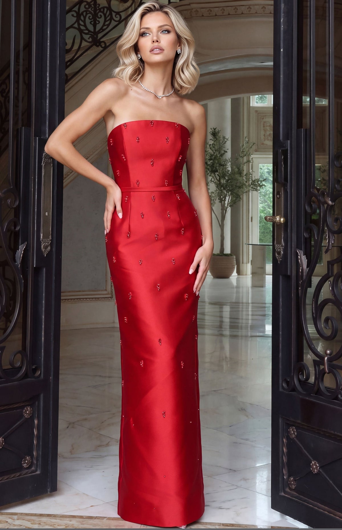Jovani 55424 Strapless Crystal Scattered Satin Column Gown