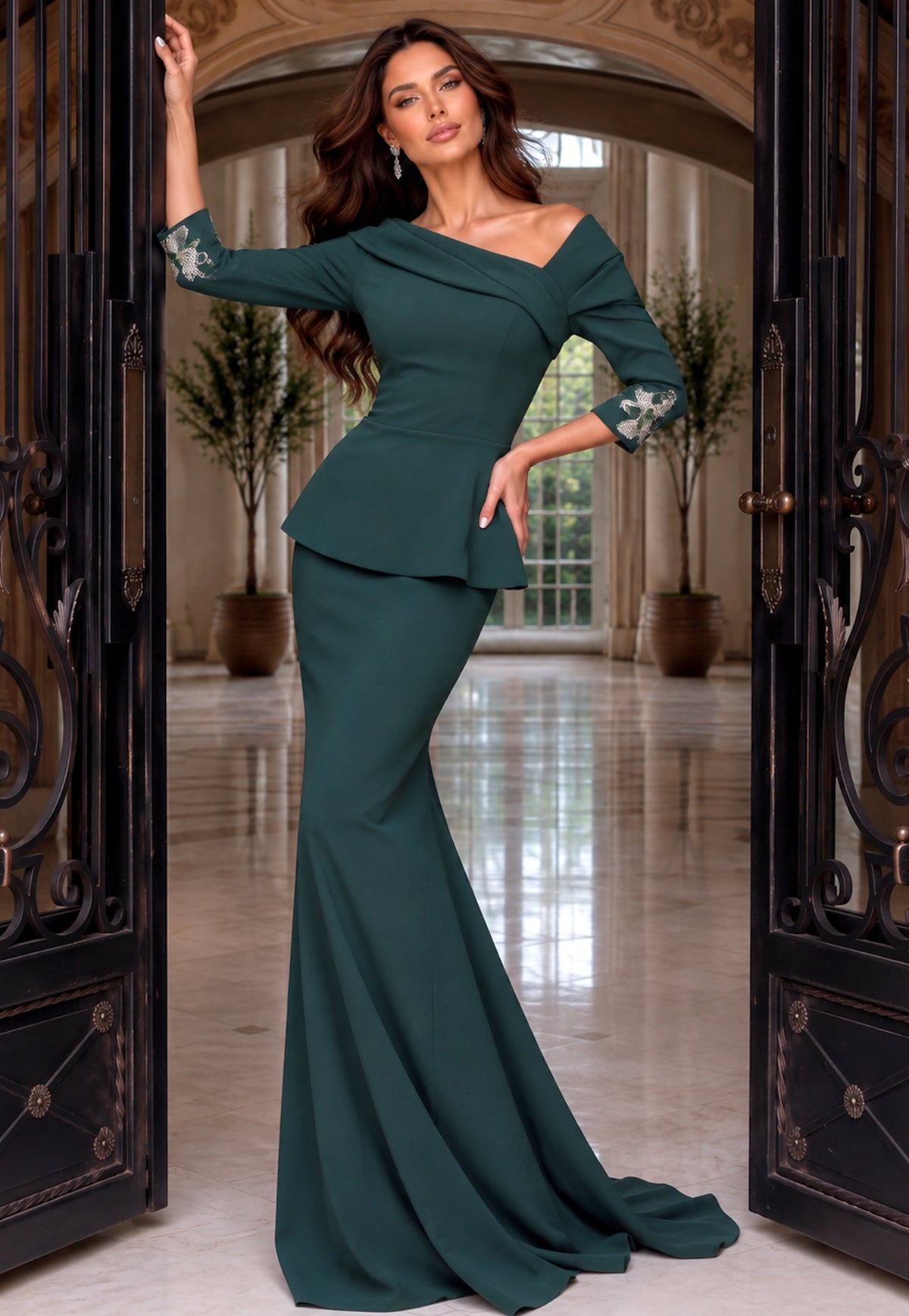 Jovani 55619 Peplum Mermaid Gown With Beaded Cuffs