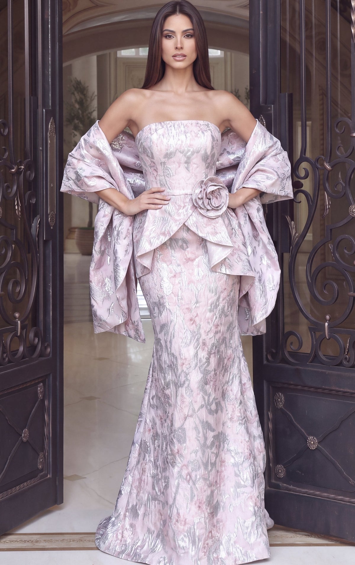 Jovani 55659 Blush Floral Strapless Peplum Column Gown