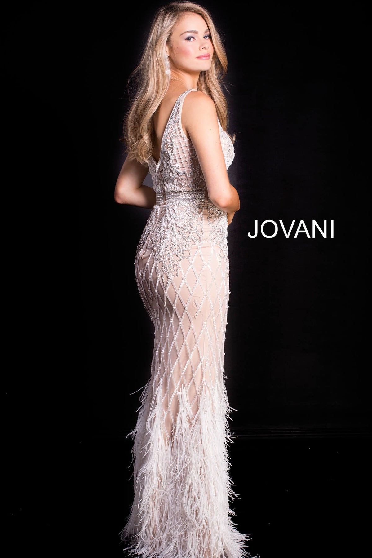 Jovani 55796 Ivory Embellished V Neck Fitted Dress