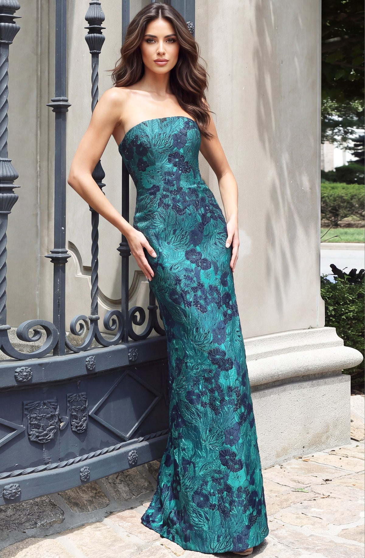 Jovani 55859 Strapless Floral Jacquard Evening Gown