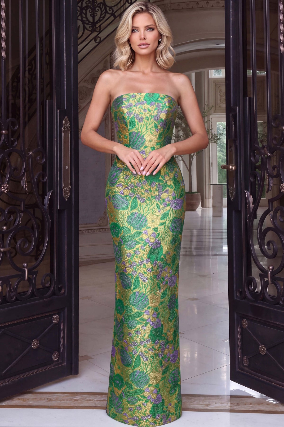 Jovani 55860 Strapless Floral Jacquard Column Gown With Back Slit