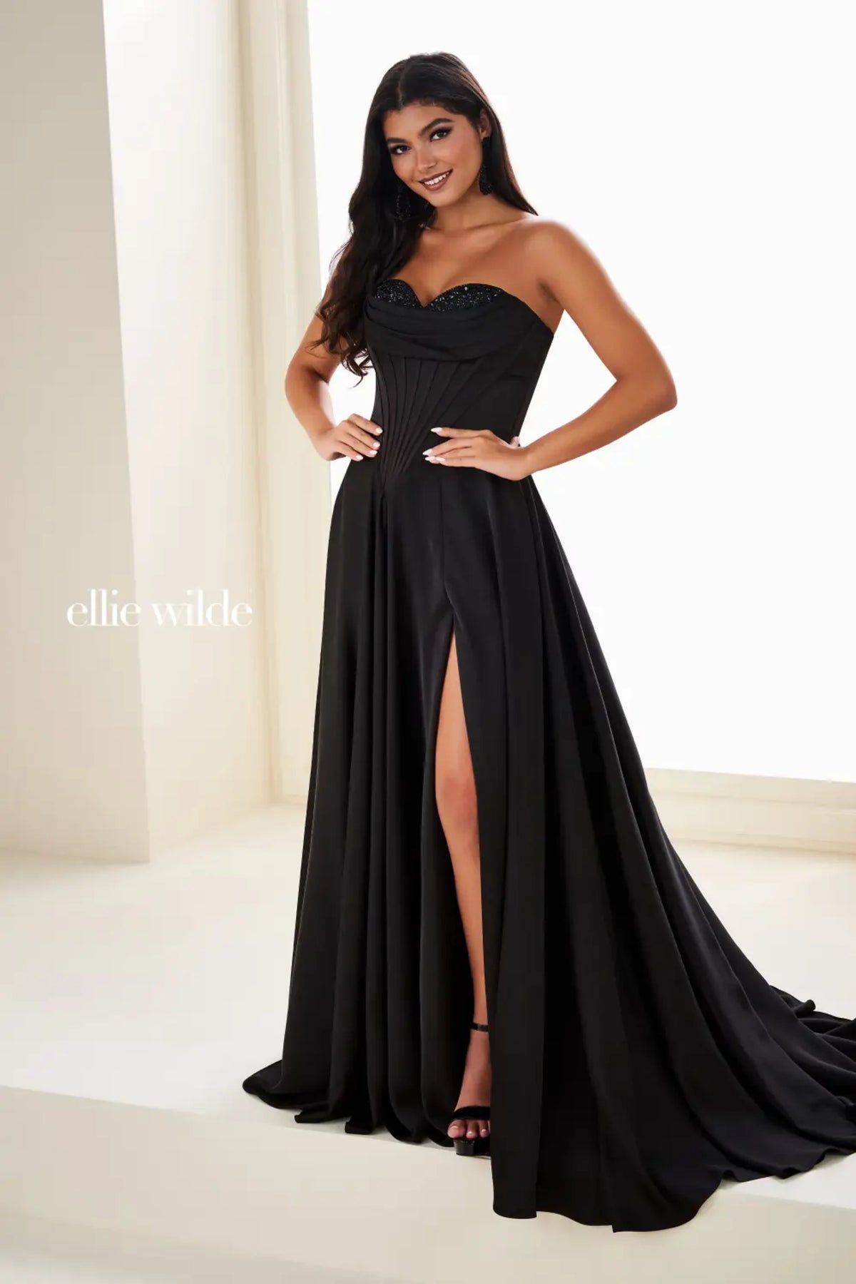 Ellie Wilde EW37213 Black A-Line prom dress