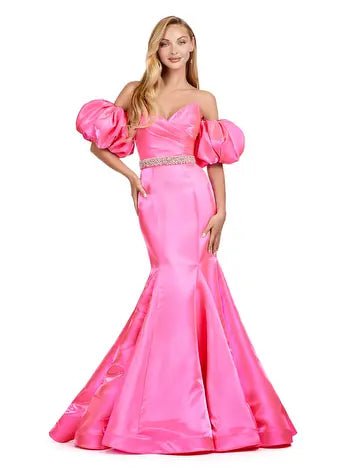 ASHLEYlauren Prom Dress ASHLEYlauren 11419 Strapless Satin Gown with Oversized Puff Sleeves