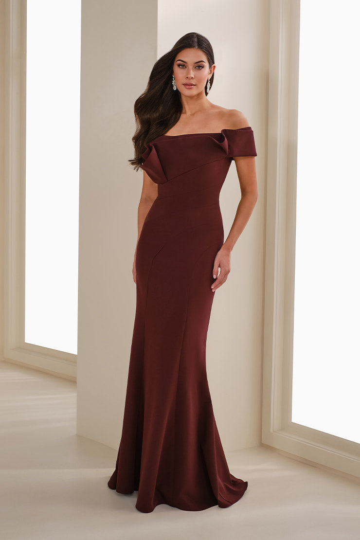 Cameron Blake Mother of the Bride Cameron Blake CB905 Off-the-Shoulder Asymmetrical Mermaid Crepe Mother of the Bride Gown