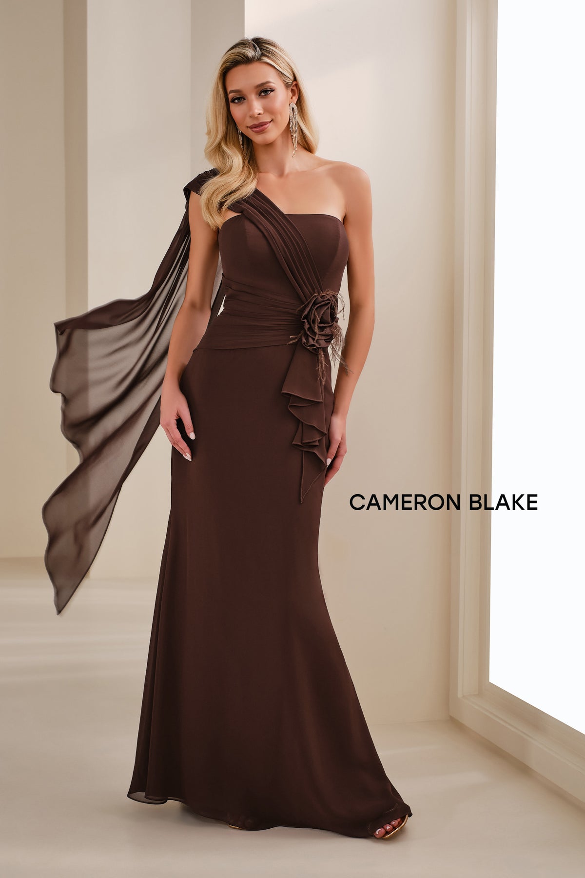 Cameron Blake Mother of the Bride Cameron Blake CB908 One-Shoulder Chiffon Fit and Flare Mother of the Bride Gown