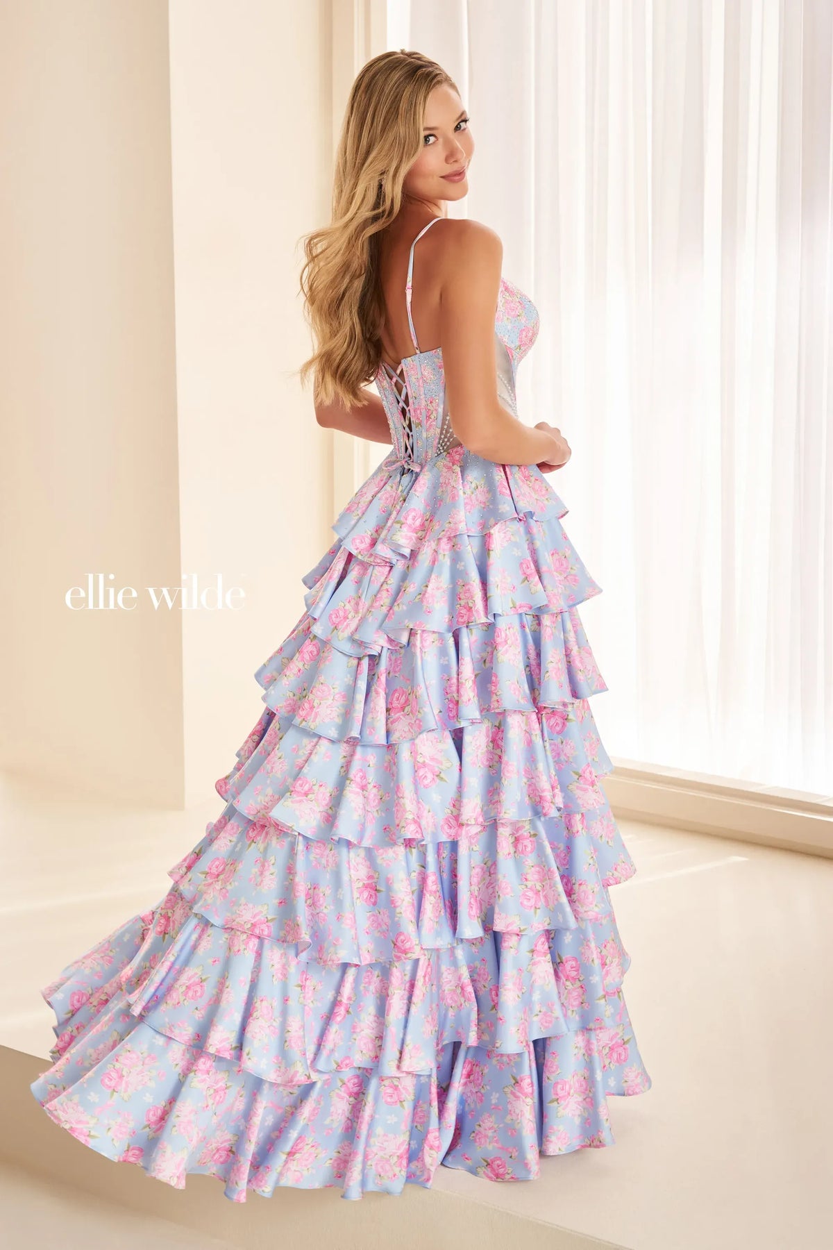 Ellie Wilde Prom Dress Light Blue/Multi Ellie Wilde EW38050 back