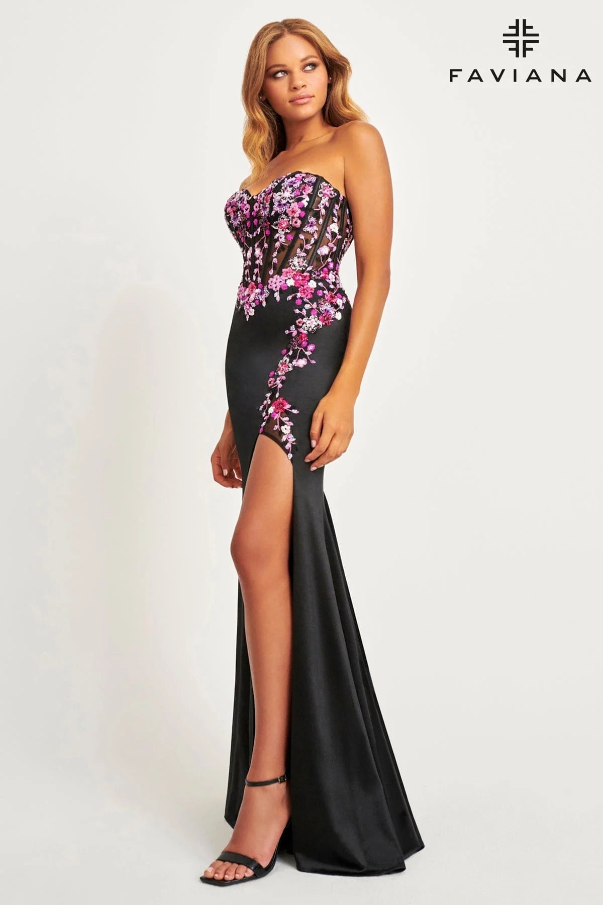 faviana prom dress Sleek Satin V-Neck Dress For Prom With Beading And Lace-Up Back main image 0