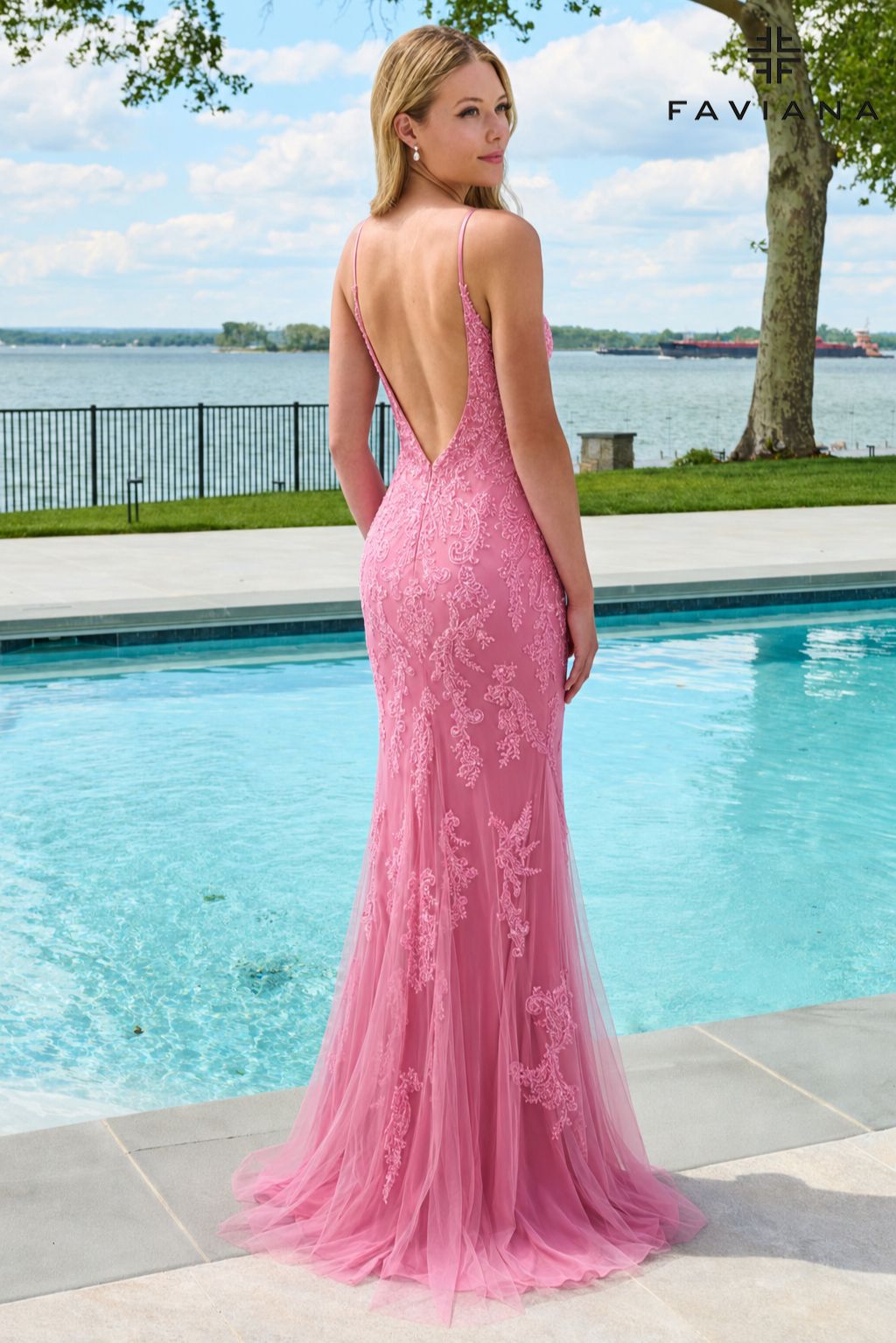 Faviana 11678 Beaded Tulle Long Dress With V-Neck And V-Back in Cotton Candy Pink