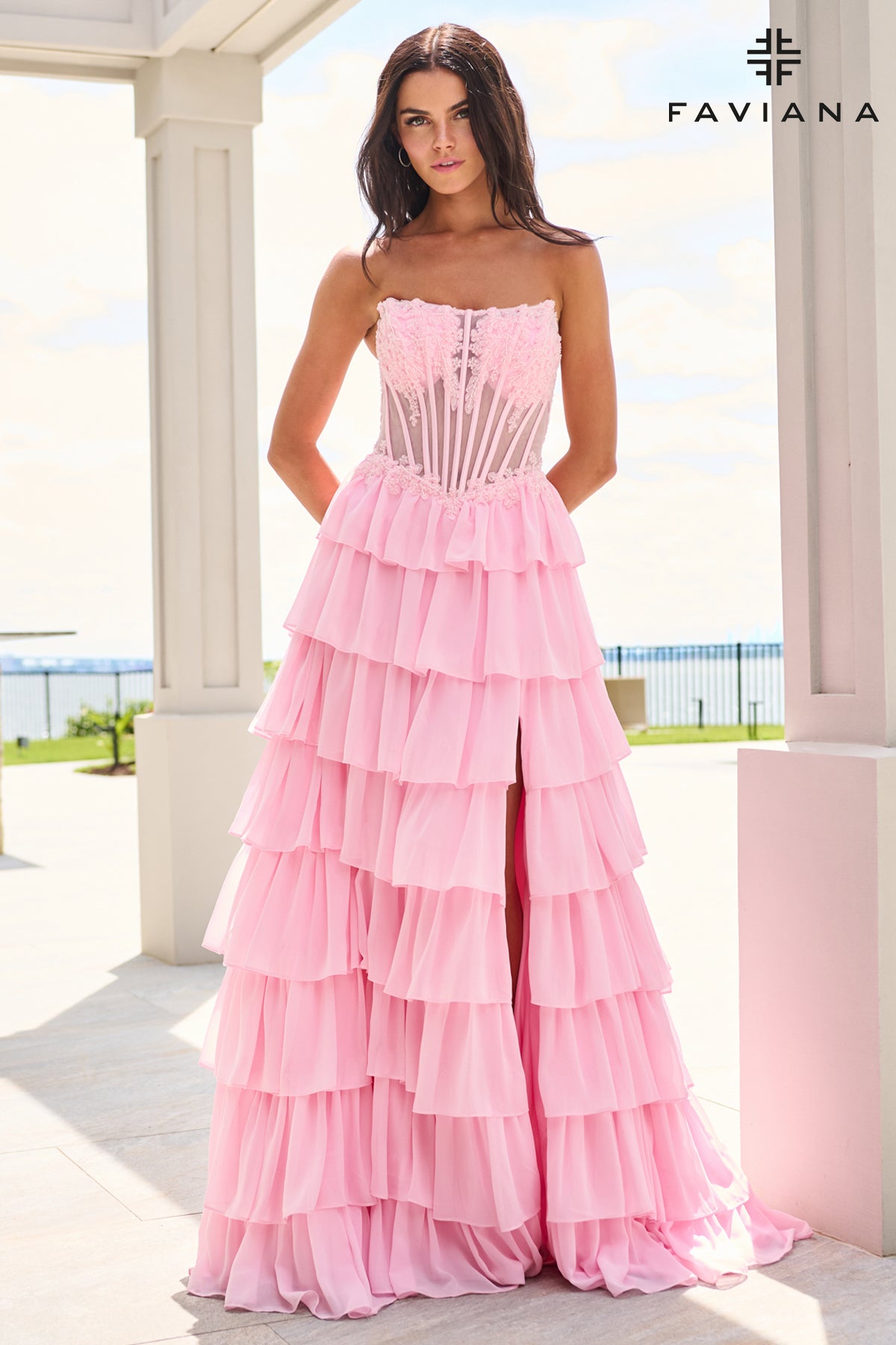 Faviana 11629 Chiffon Flowy Long Tiered Dress With Beaded Corset in Light Pink