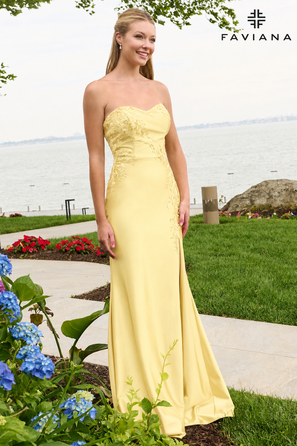 Faviana 11647 Strapless Satin Dress With Asymmetrical Floral Beaded Detail in Light Yellow