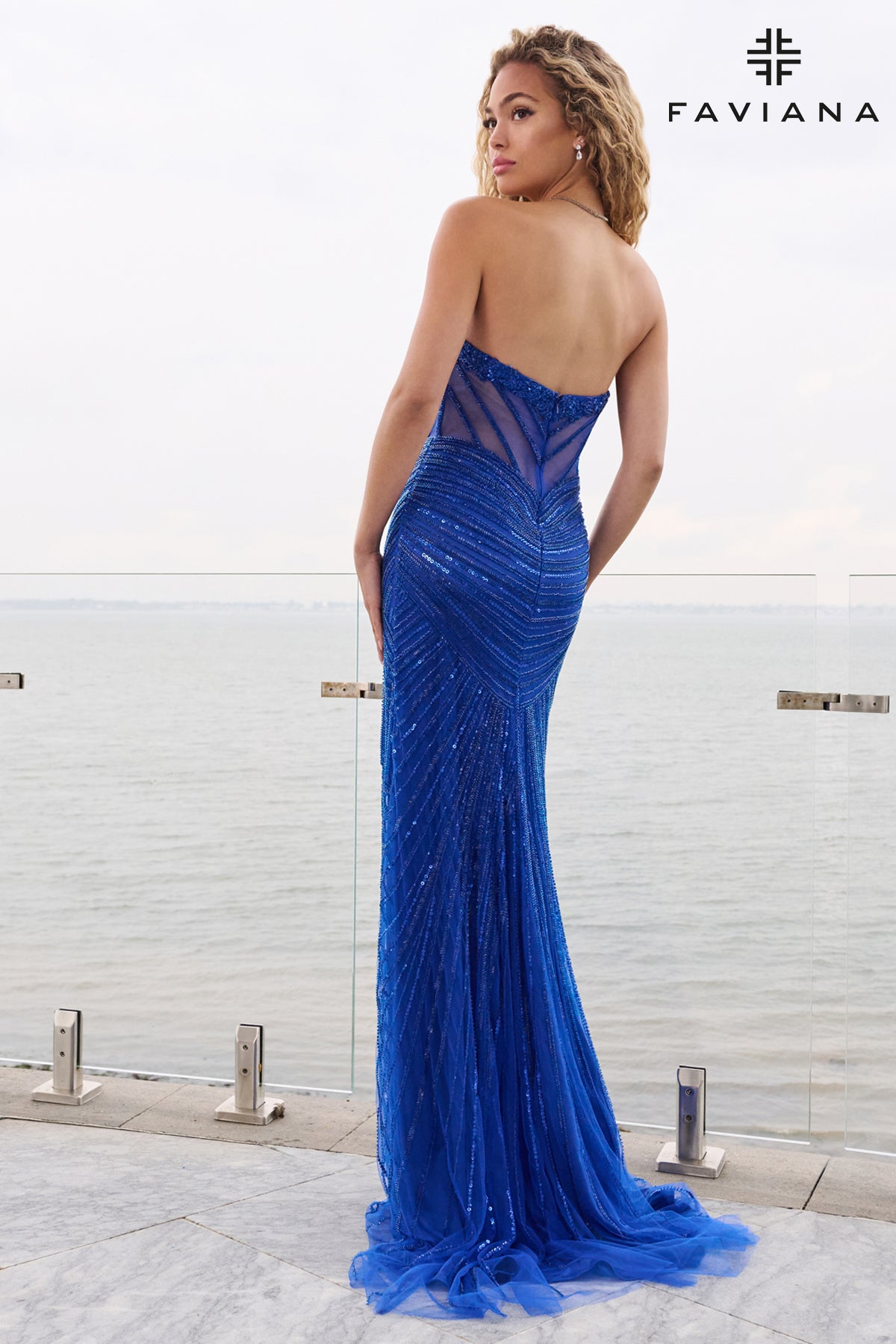 Faviana 11618 Pointed Beaded Strapless Corset With Exposed Boning And Mesh Panels in Royal
