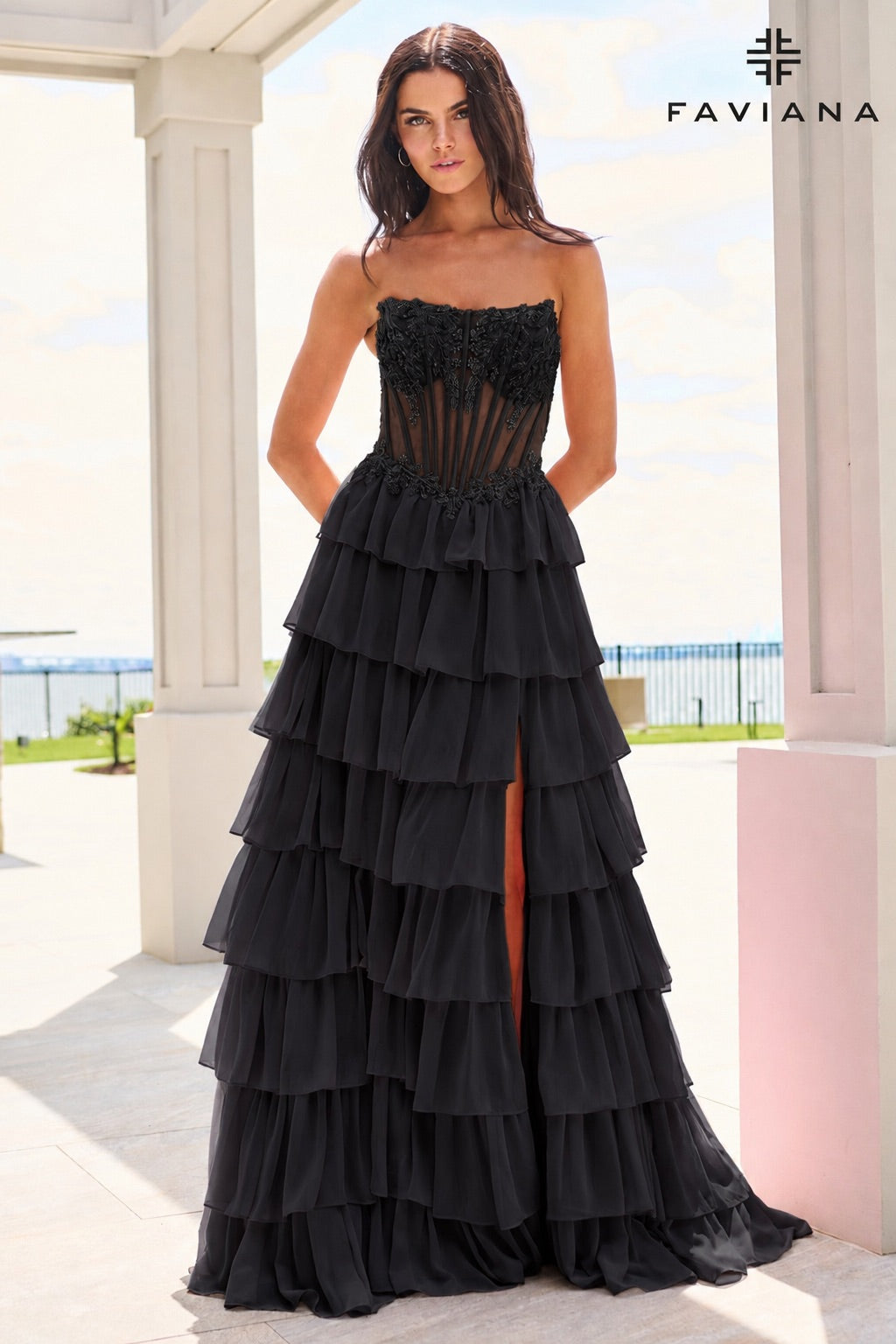 Faviana 11629 Chiffon Flowy Long Tiered Dress With Beaded Corset in Black