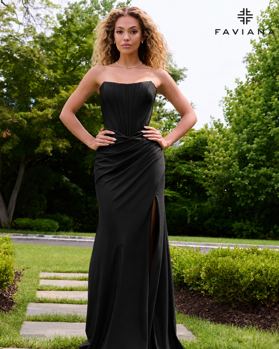 Faviana E11659 Tiered Chiffon Gown With Beaded Lace Corset in Black