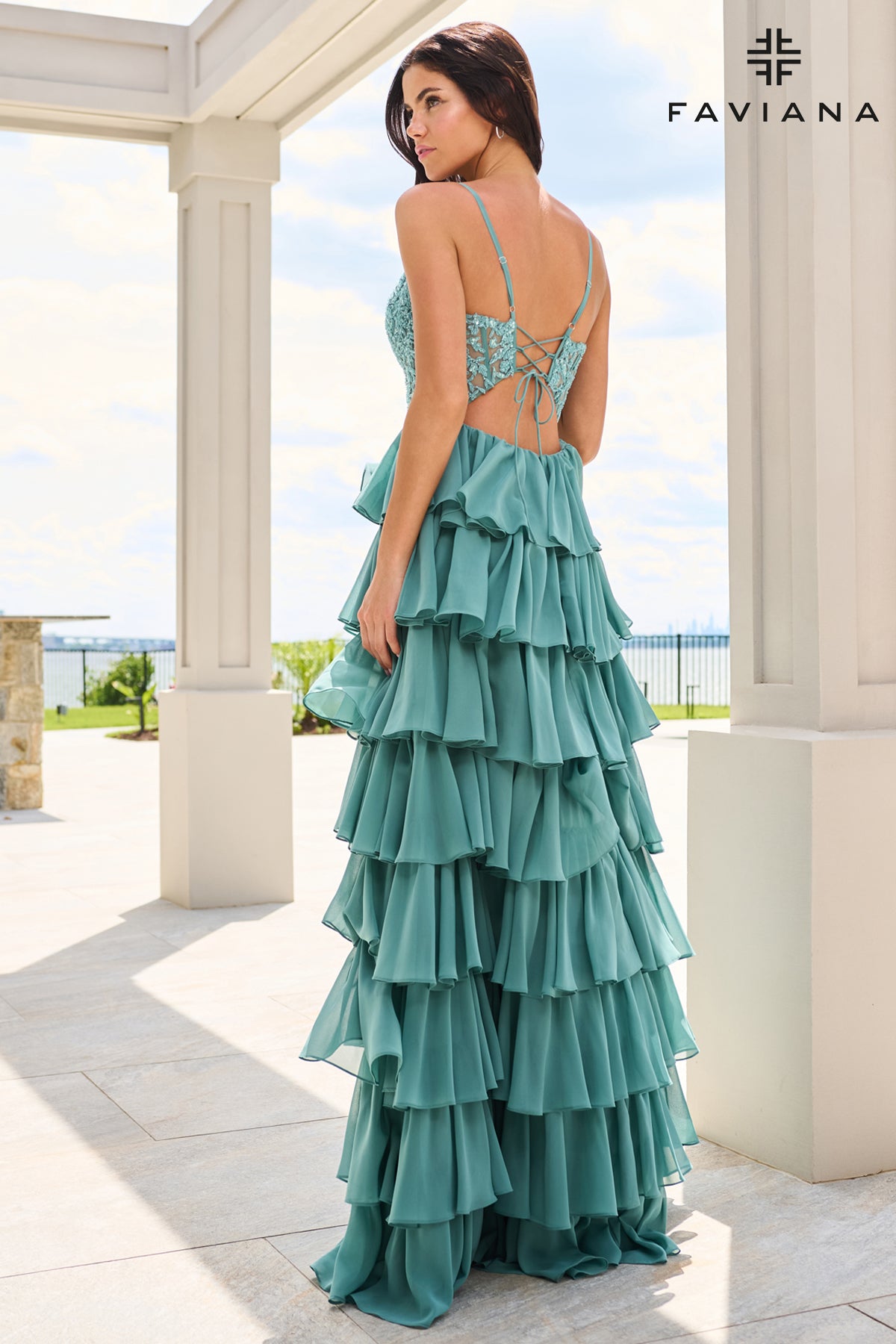 Faviana 11603 Tiered Chiffon Gown With Beaded Lace Corset in Dark Pacific Blue