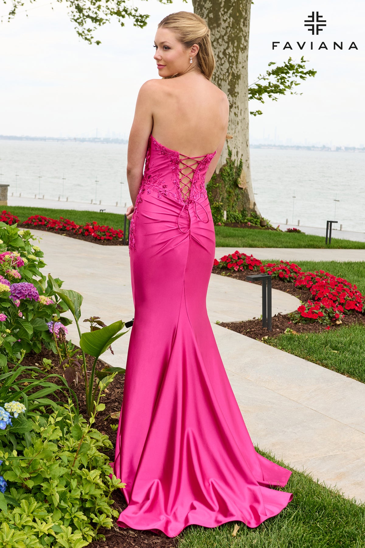 Faviana 11647 Strapless Satin Dress With Asymmetrical Floral Beaded Detail in Raspberry