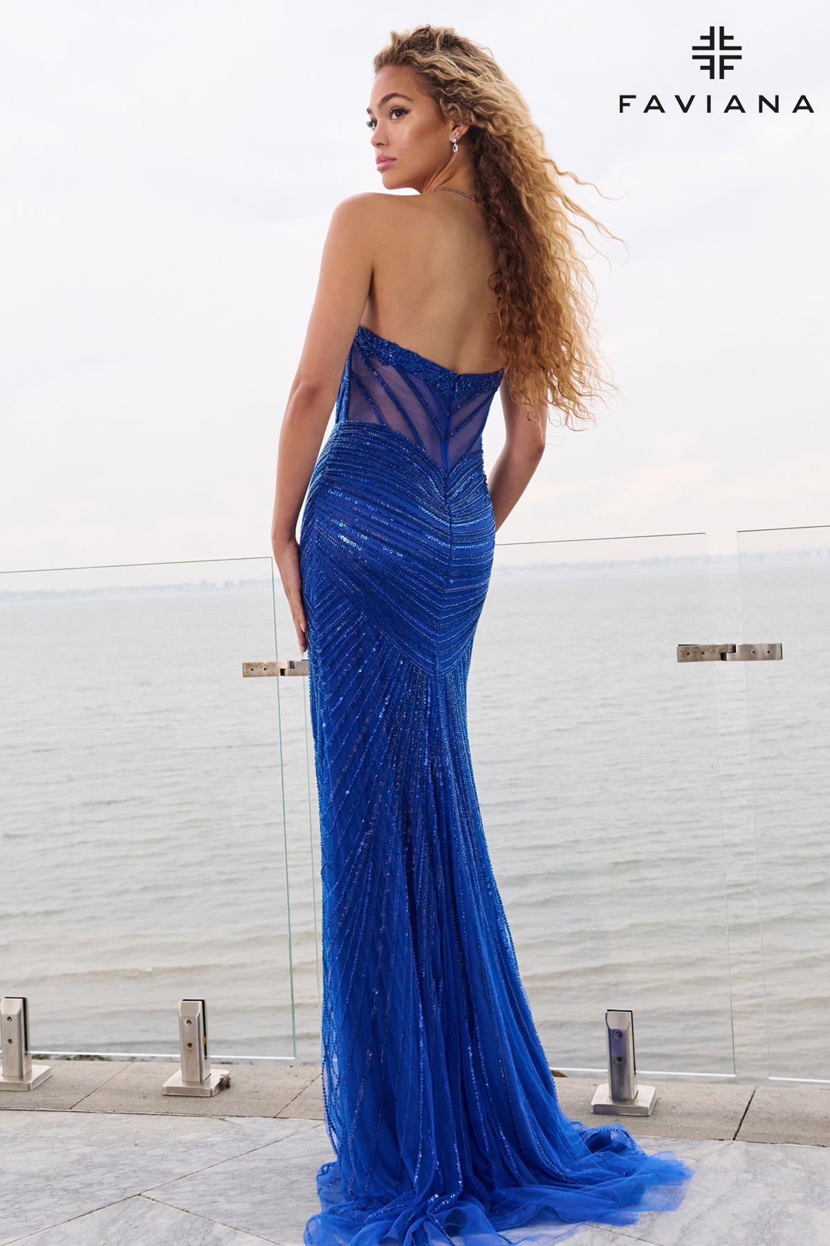 Faviana 11618 Pointed Beaded Strapless Corset With Exposed Boning And Mesh Panels in Royal