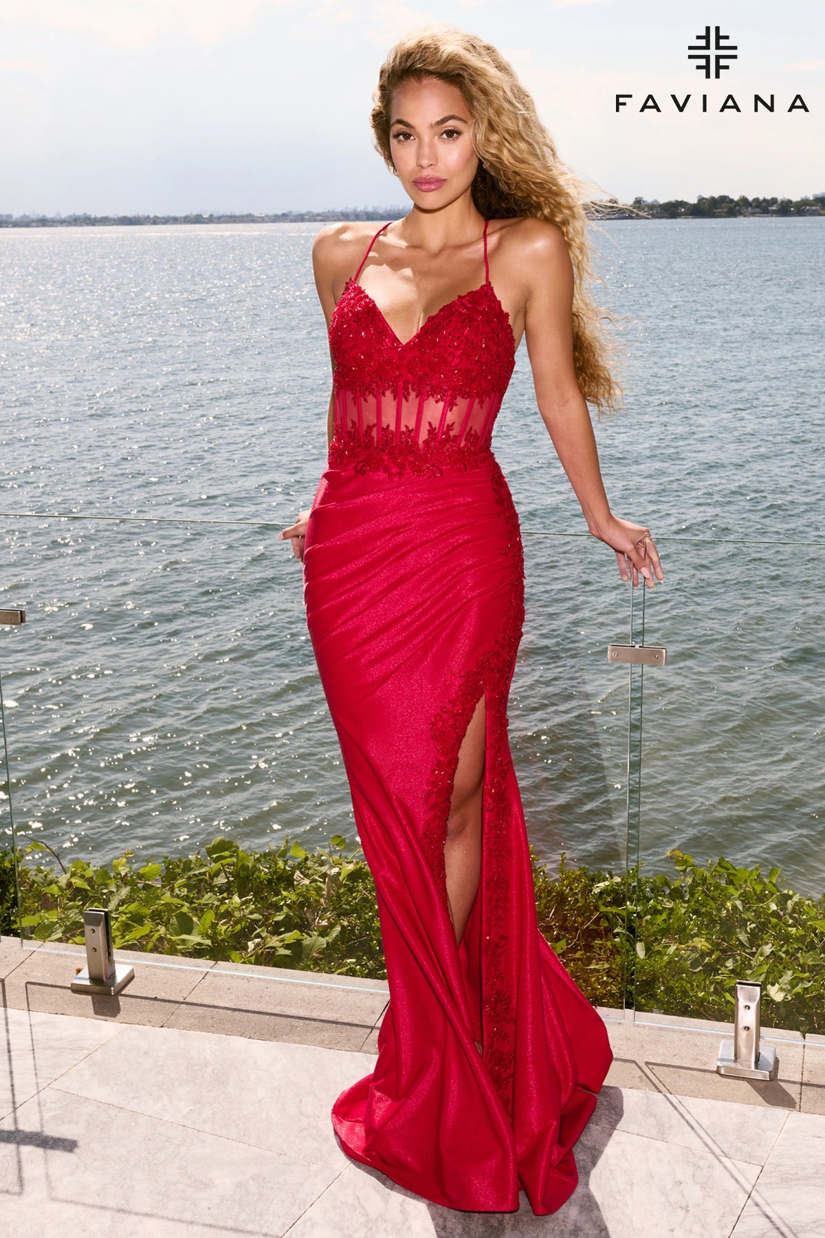 Faviana 11646 Sparkle Stretch V-Neck Corset Gown With Exposed Boning And Beading in Red