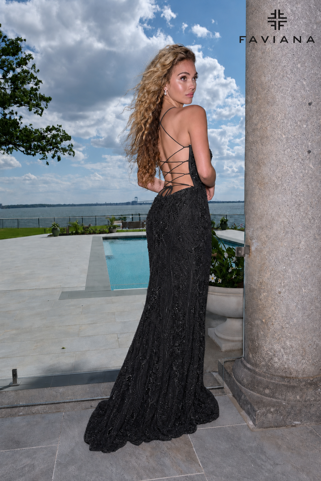 Faviana 11683 Sweetheart Beaded Corset Dress With Lace-Up Back And Leg Slit in Black