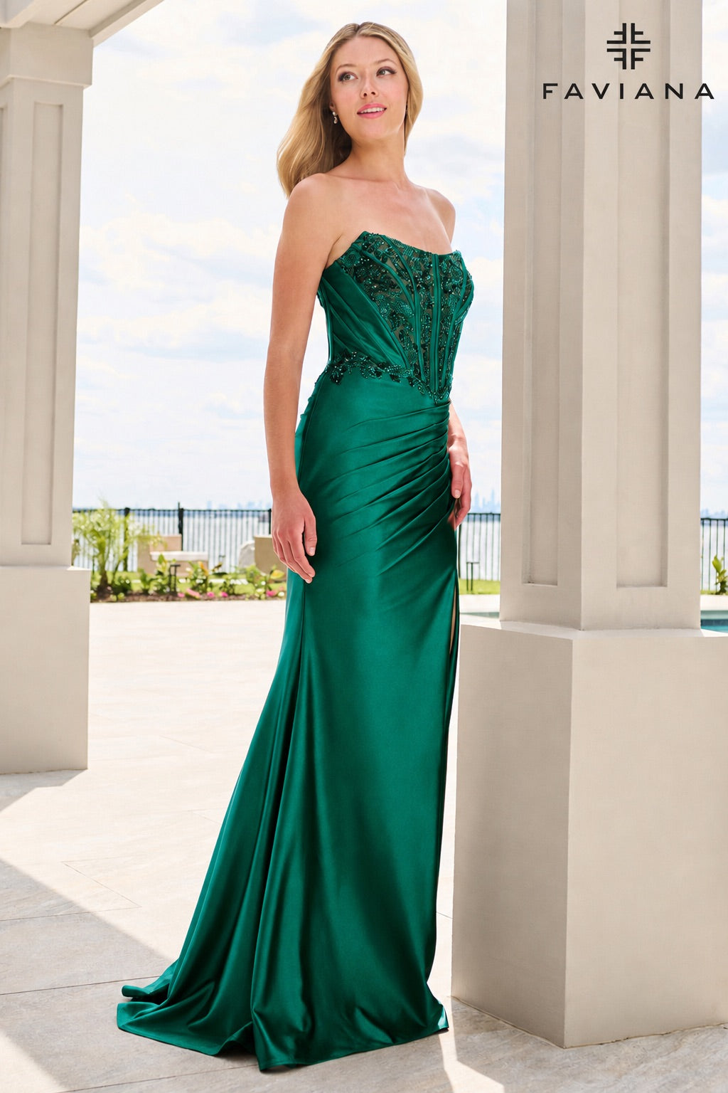 Faviana 11606 Beaded Satin Strapless Bustier Dress With Gathered Pleating in Dark Emerald
