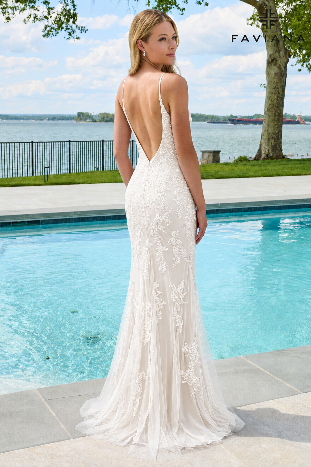 Faviana 11678 Beaded Tulle Long Dress With V-Neck And V-Back in Ivory