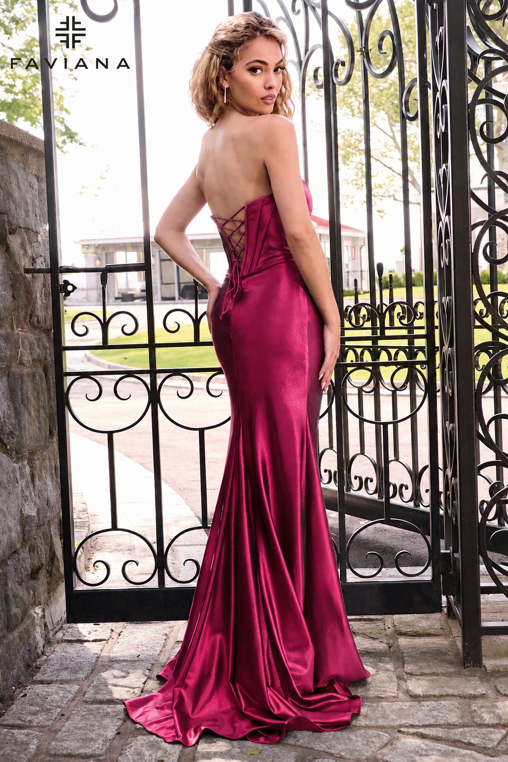 Faviana E11632 Strapless Lace Corset Dress With Exposed Boning in Cherry