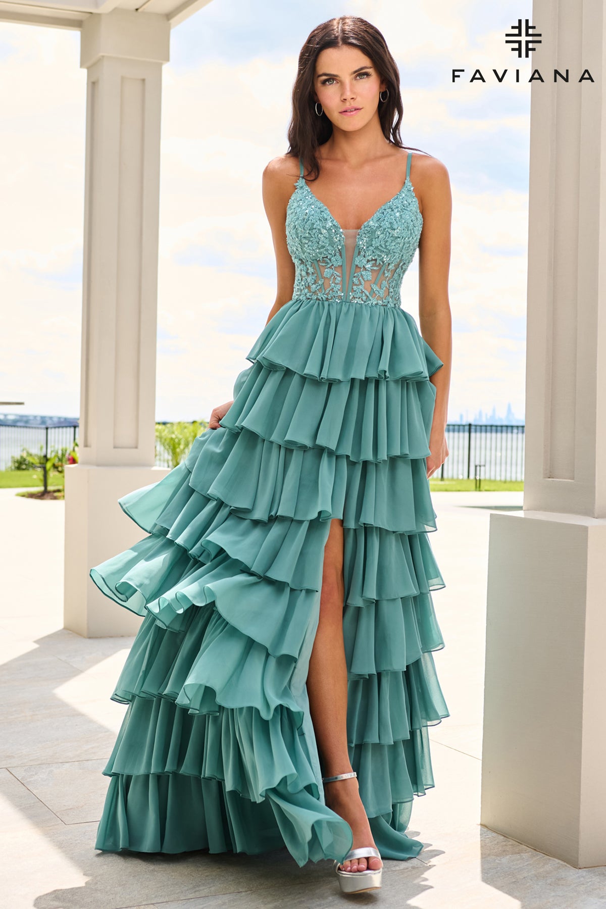 Faviana 11603 Tiered Chiffon Gown With Beaded Lace Corset in Dark Pacific Blue