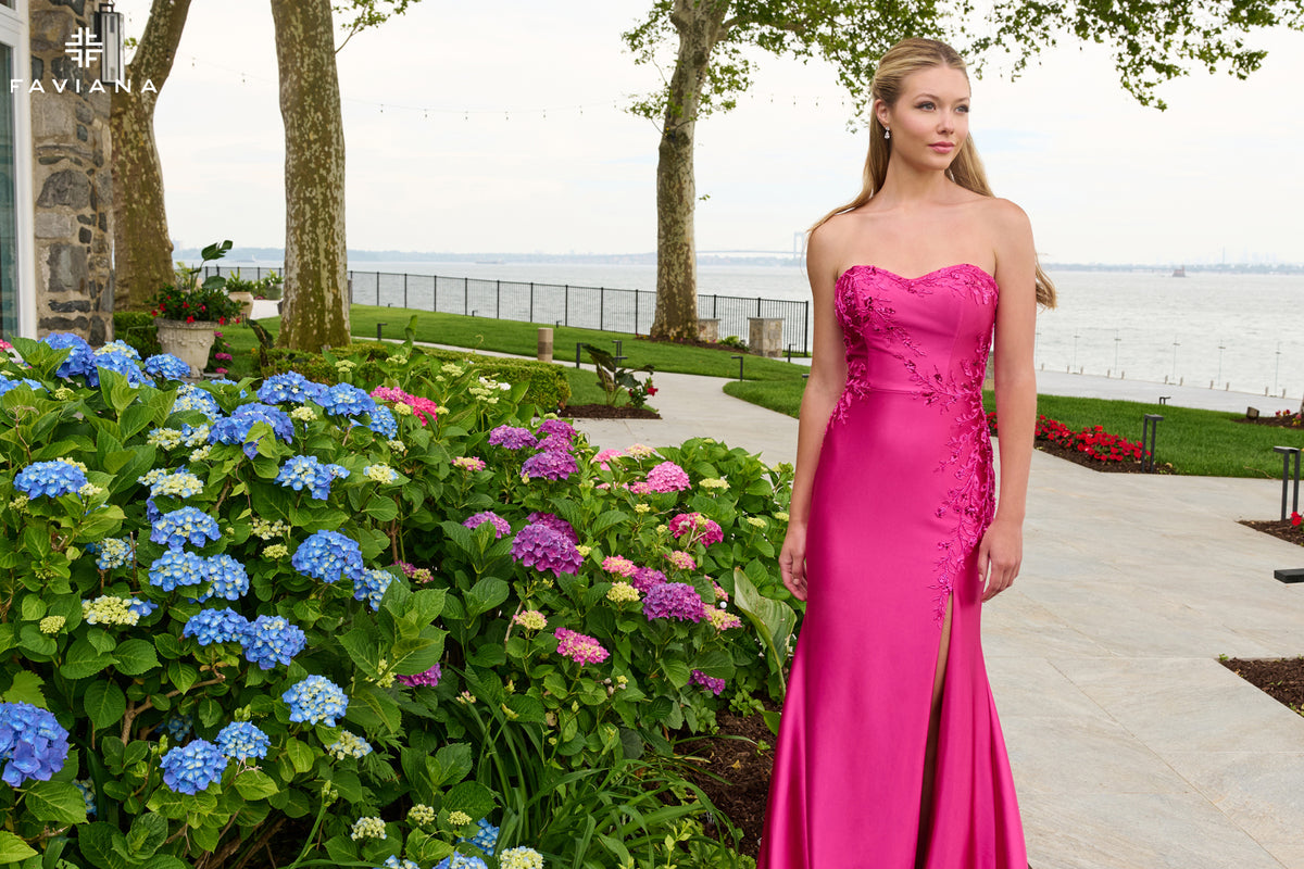 Faviana 11647 Strapless Satin Dress With Asymmetrical Floral Beaded Detail in Raspberry