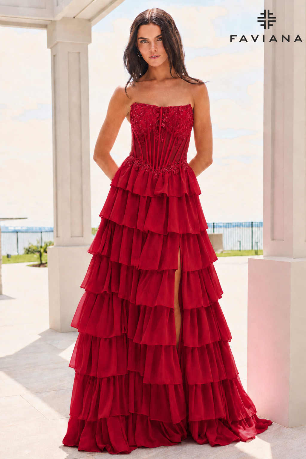 Faviana 11629 Chiffon Flowy Long Tiered Dress With Beaded Corset in Red