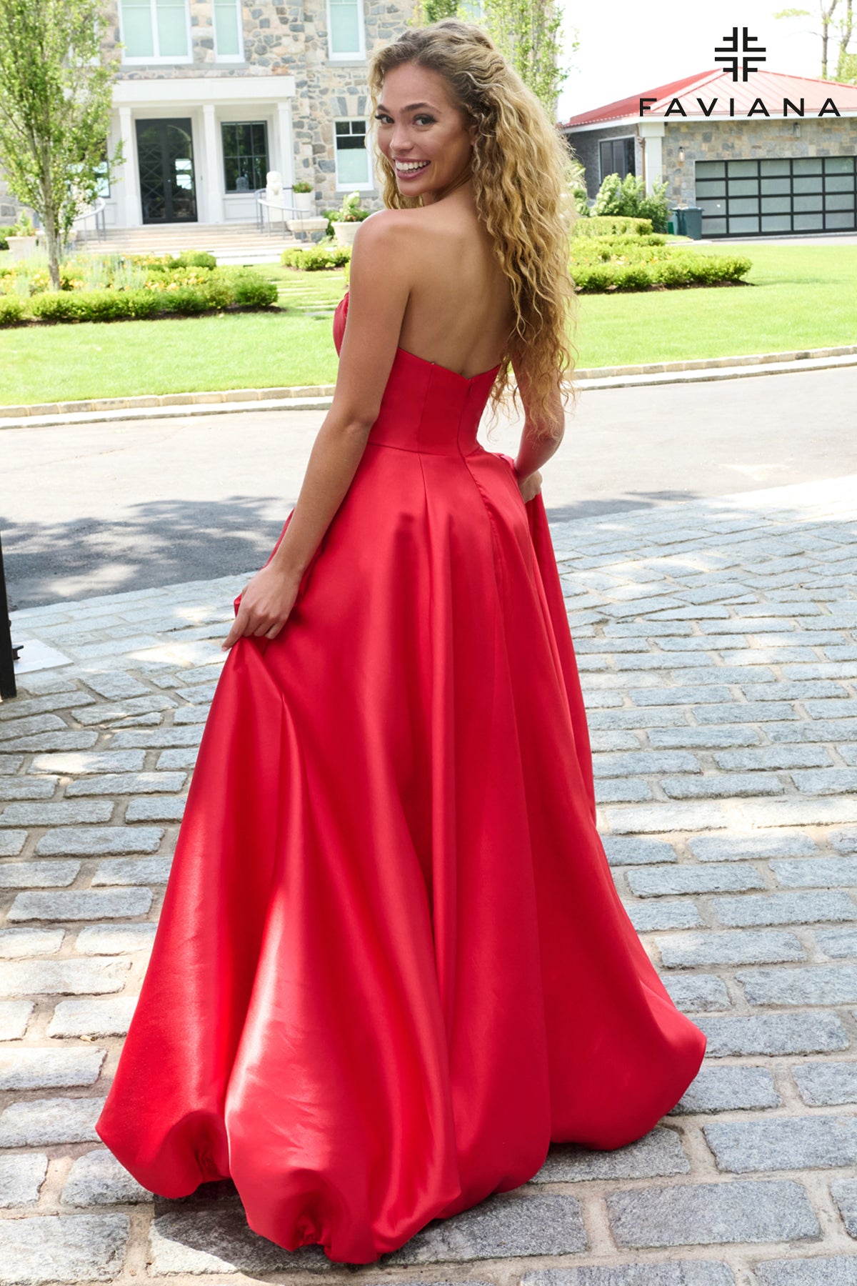 Faviana E11670 Pointed Strapless Satin Corset Dress With Sequin Beading in Red