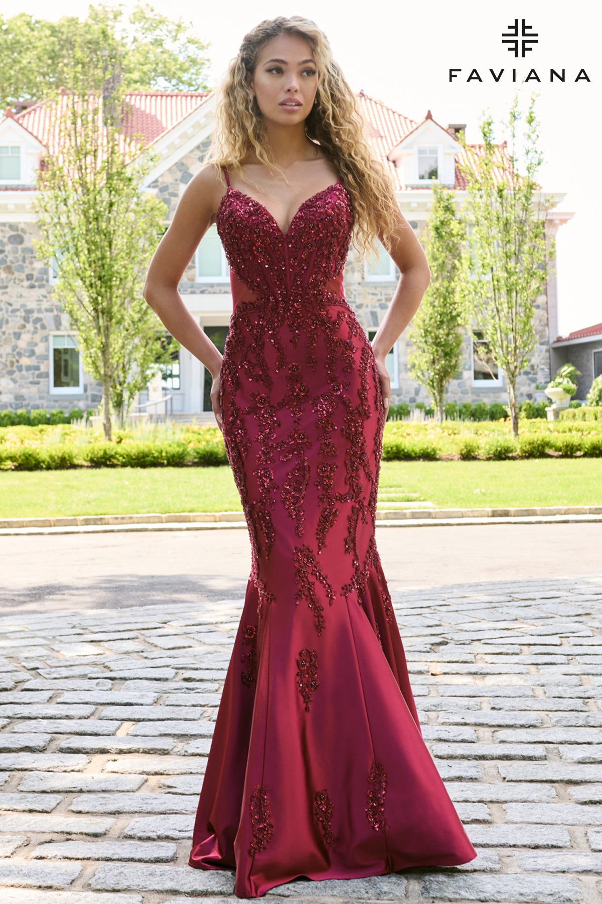 Faviana 11638 Beaded Satin Mermaid Gown With Open Back And Mesh Side Detail in Cherry