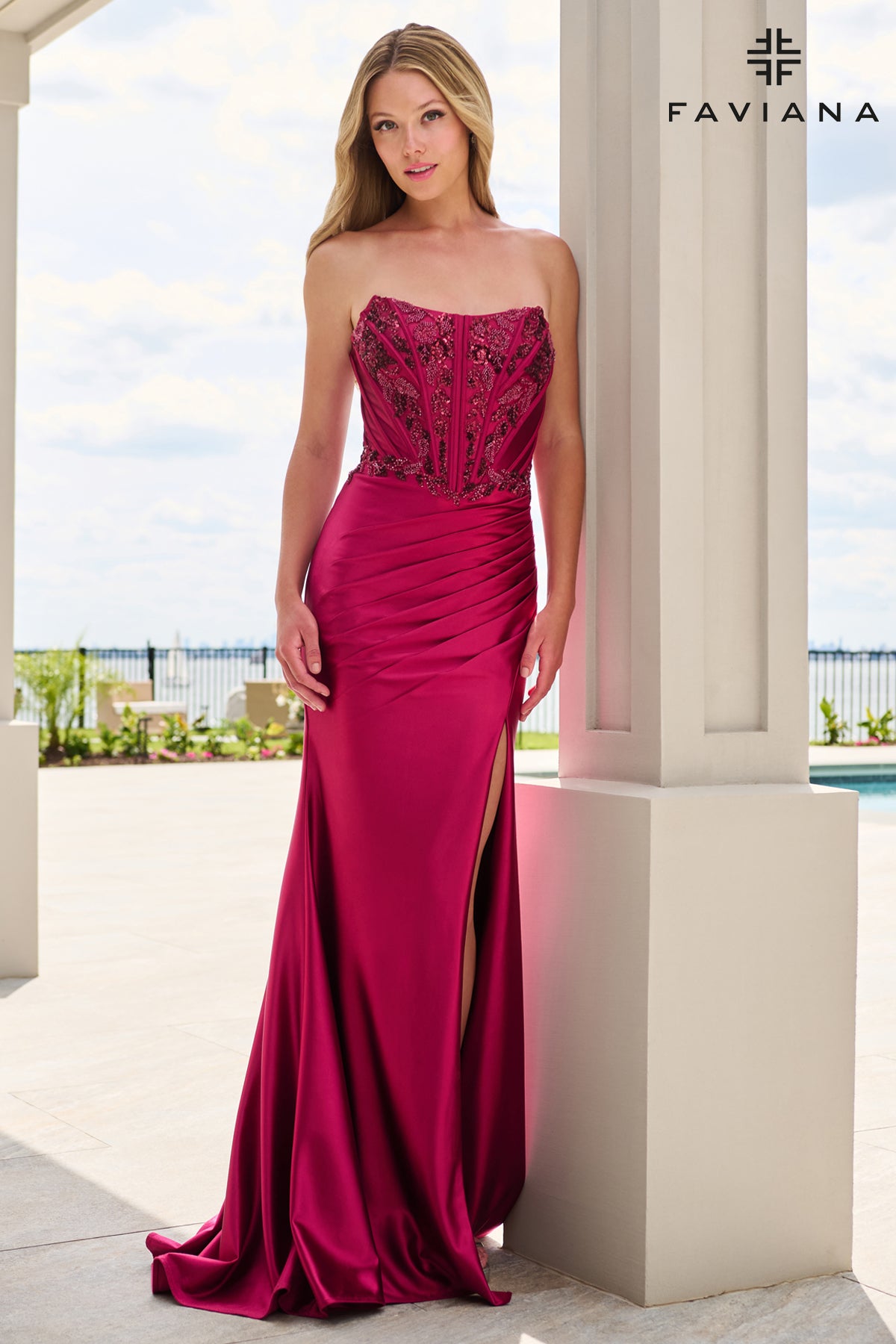 Faviana 11606 Beaded Satin Strapless Bustier Dress With Gathered Pleating in Cherry