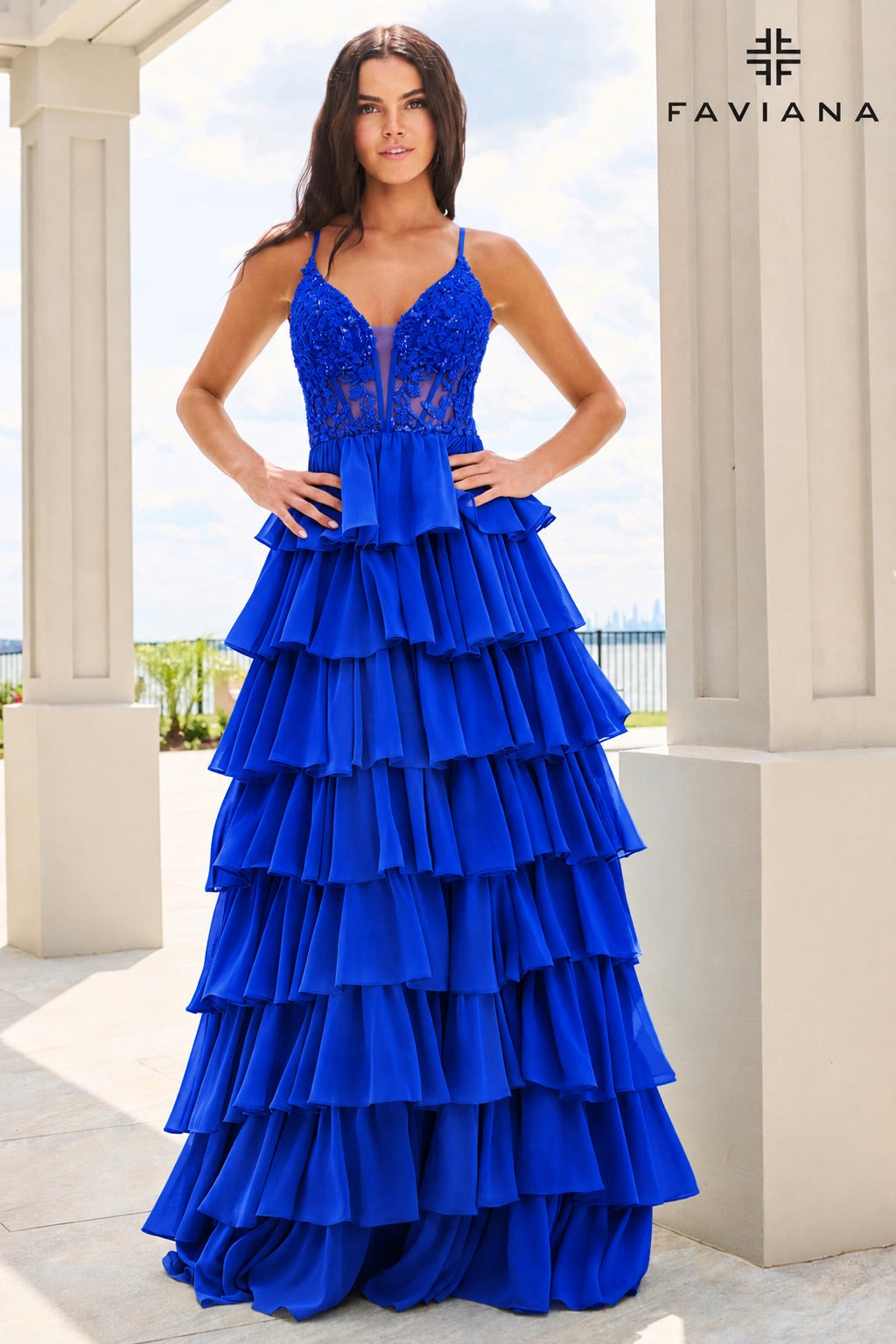 Faviana 11603 Tiered Chiffon Gown With Beaded Lace Corset in Royal