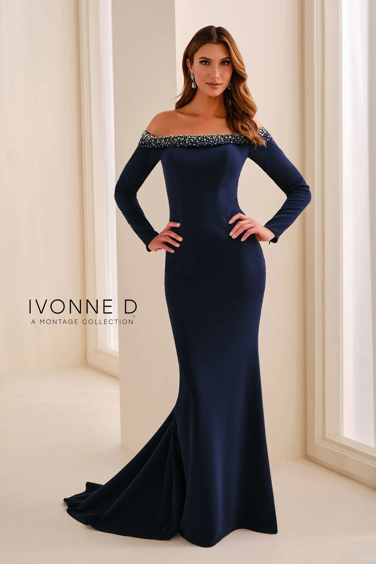 Ivonne D Dress Ivonne D ID2203 Off-the-Shoulder Long Sleeve Beaded Stretch Crepe Mermaid Mother of the Bride Gown
