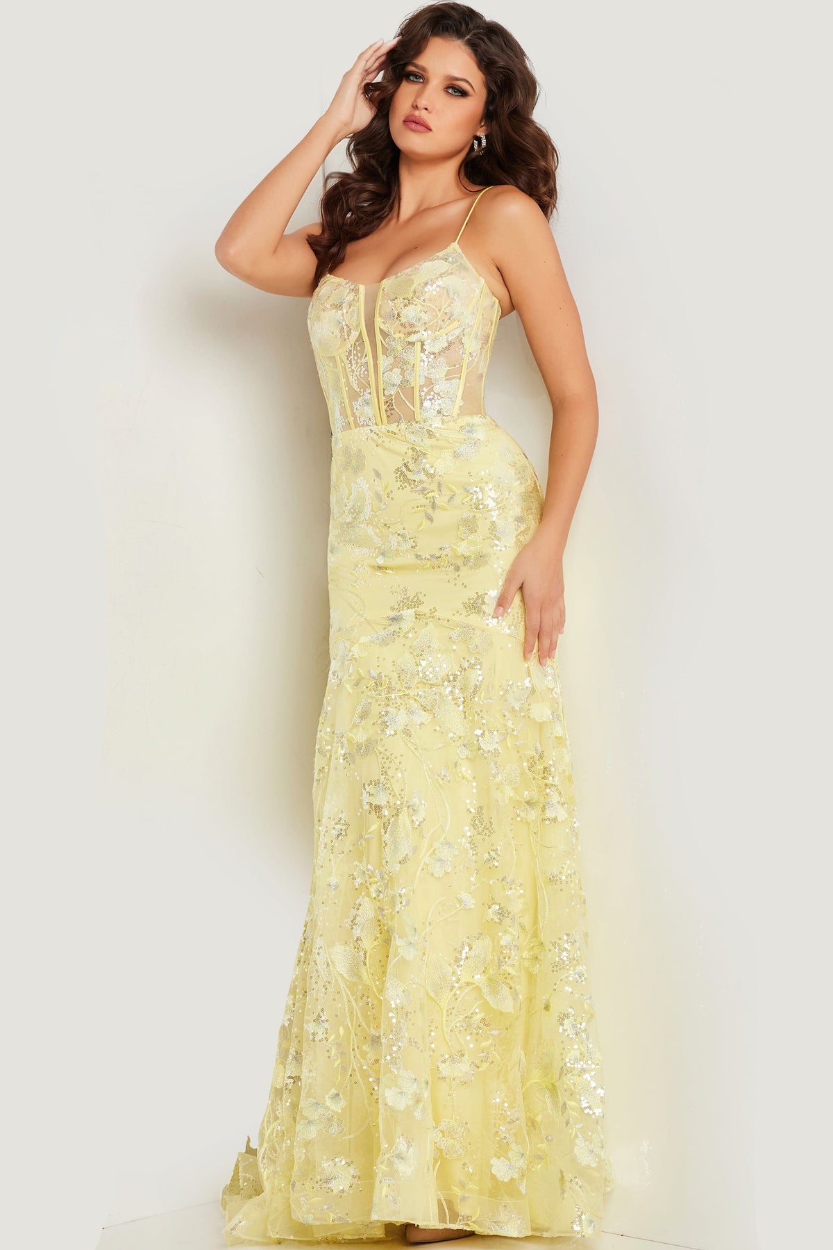 Jovani 38004 Yellow V Neckline Beaded Gown