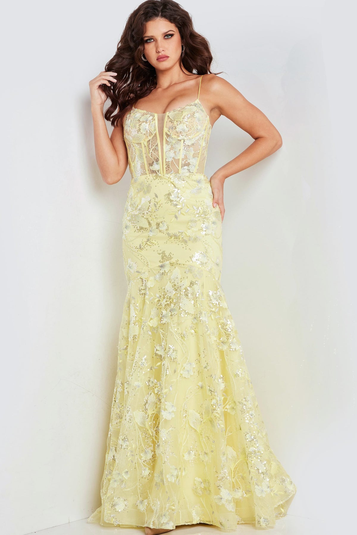 Jovani 38004 Yellow V Neckline Beaded Gown