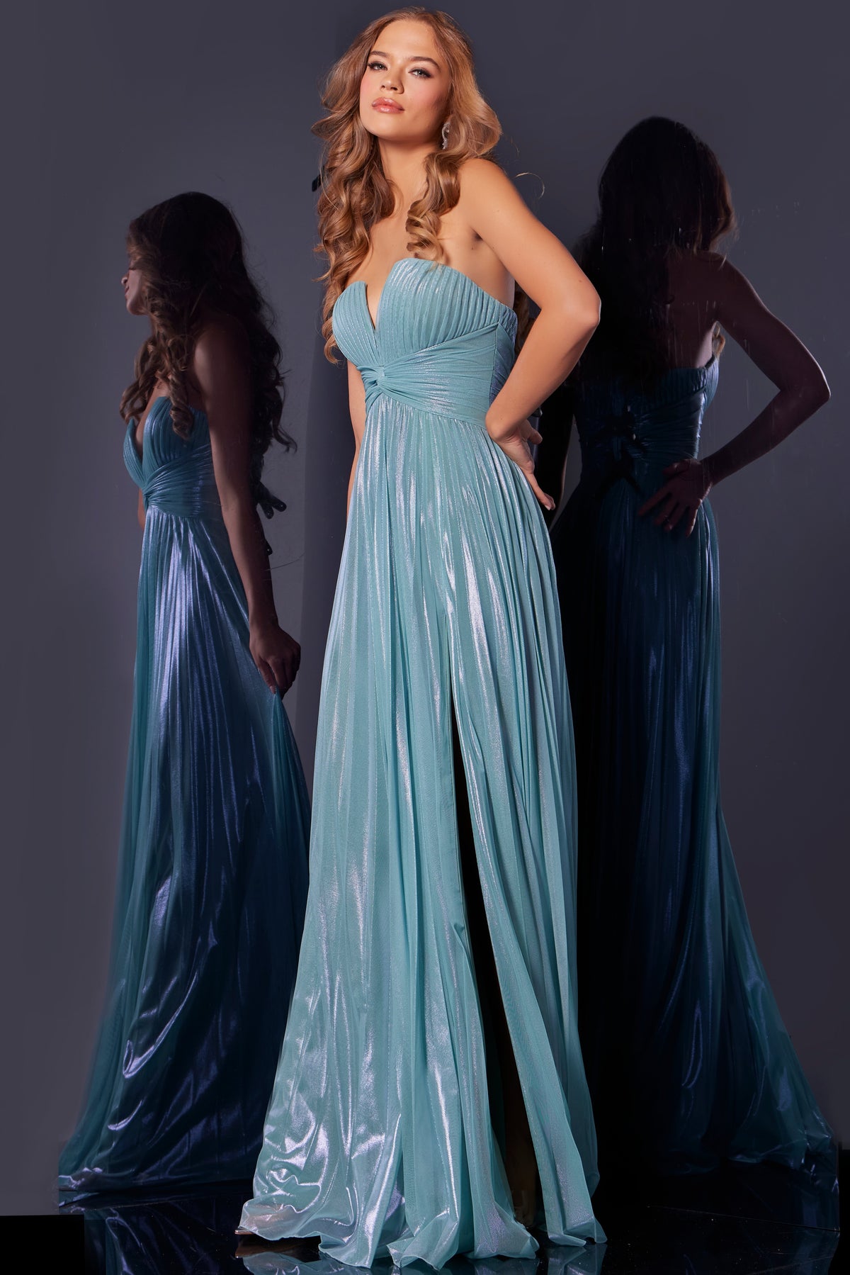 Jovani 39023 Strapless Prom Dress with Pleated Bodice and Slit