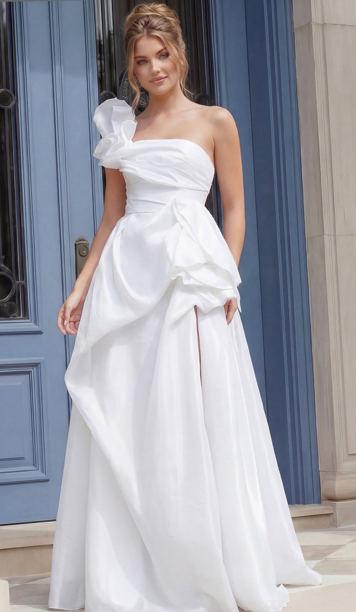 Jovani 39796 Elegant One Shoulder Bridal Gown with Floral Detail and Side Slit