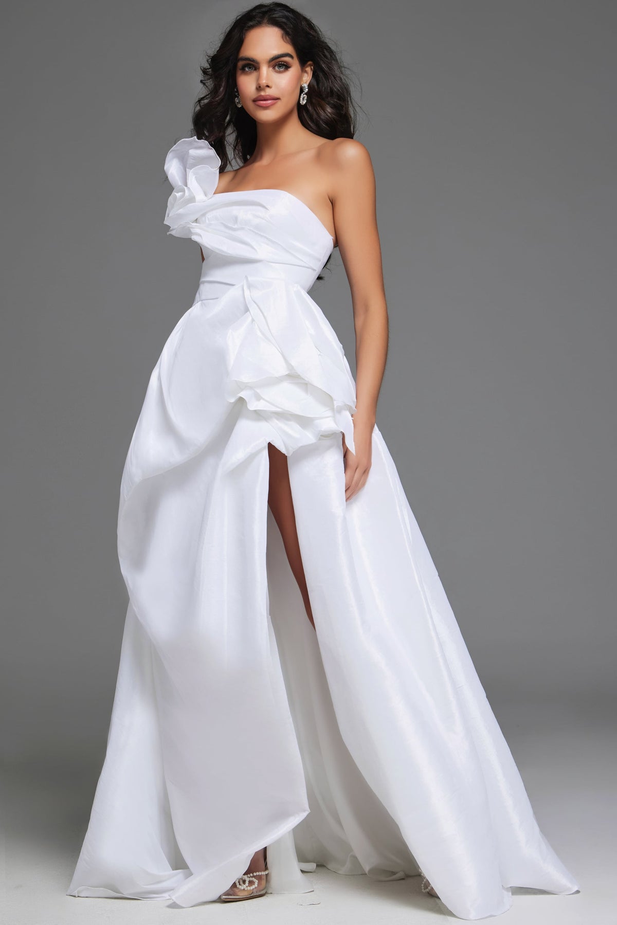 Jovani 39796 Elegant One Shoulder Bridal Gown with Floral Detail and Side Slit