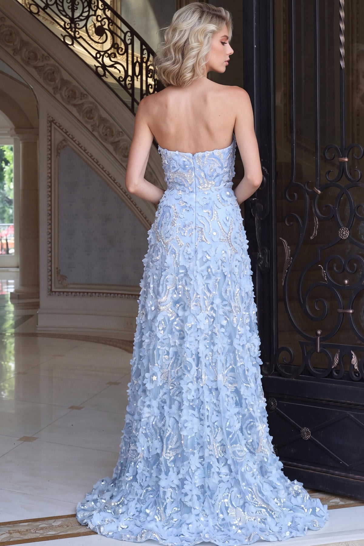Jovani 40356 Strapless Rosette Applique Embroidered Ball Gown