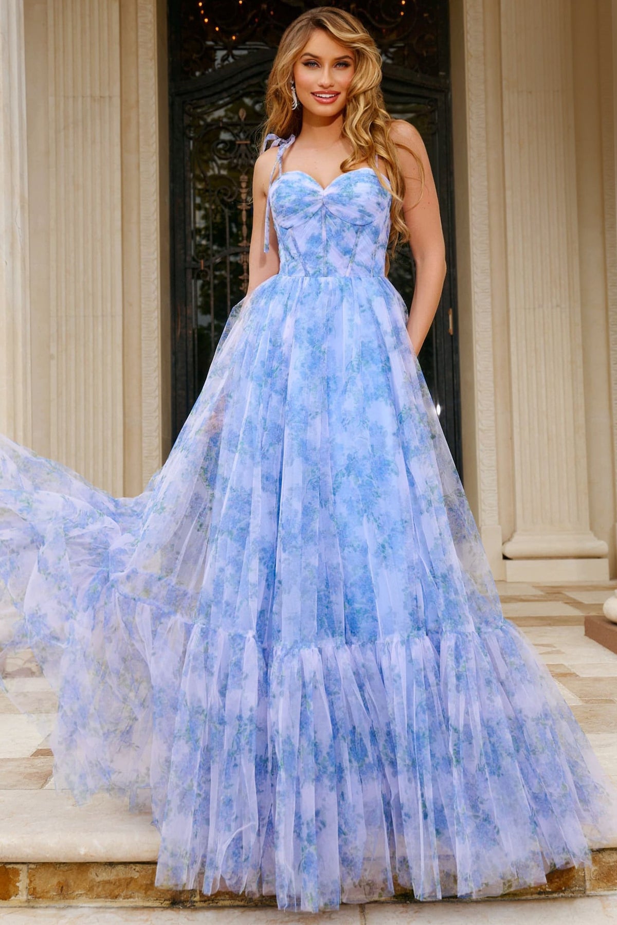 Jovani 40432 Floral Print Gown With Sweetheart Neckline and Tie Straps