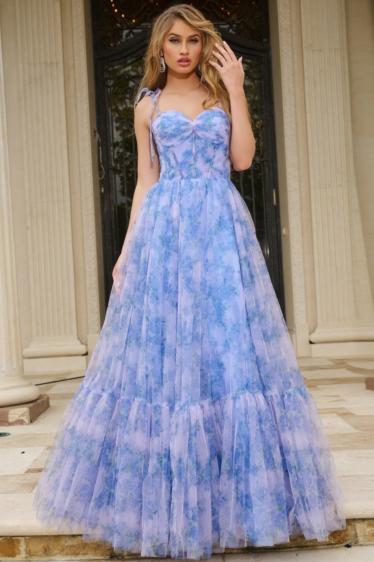 Jovani 40432 Floral Print Gown With Sweetheart Neckline and Tie Straps
