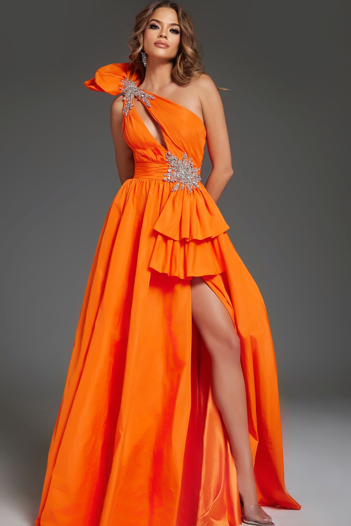 Jovani 40929 Ruffled Gown with Side Slit and Embellishment