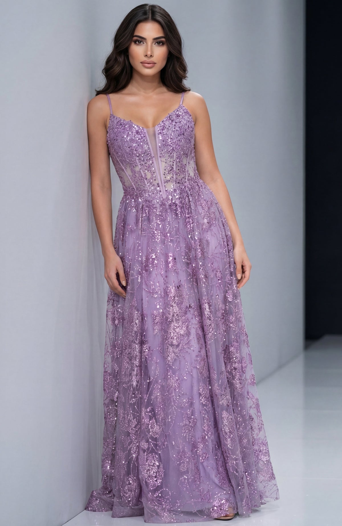 Jovani 42199 Spaghetti Strap A-Line Gown with Embellished Bodice