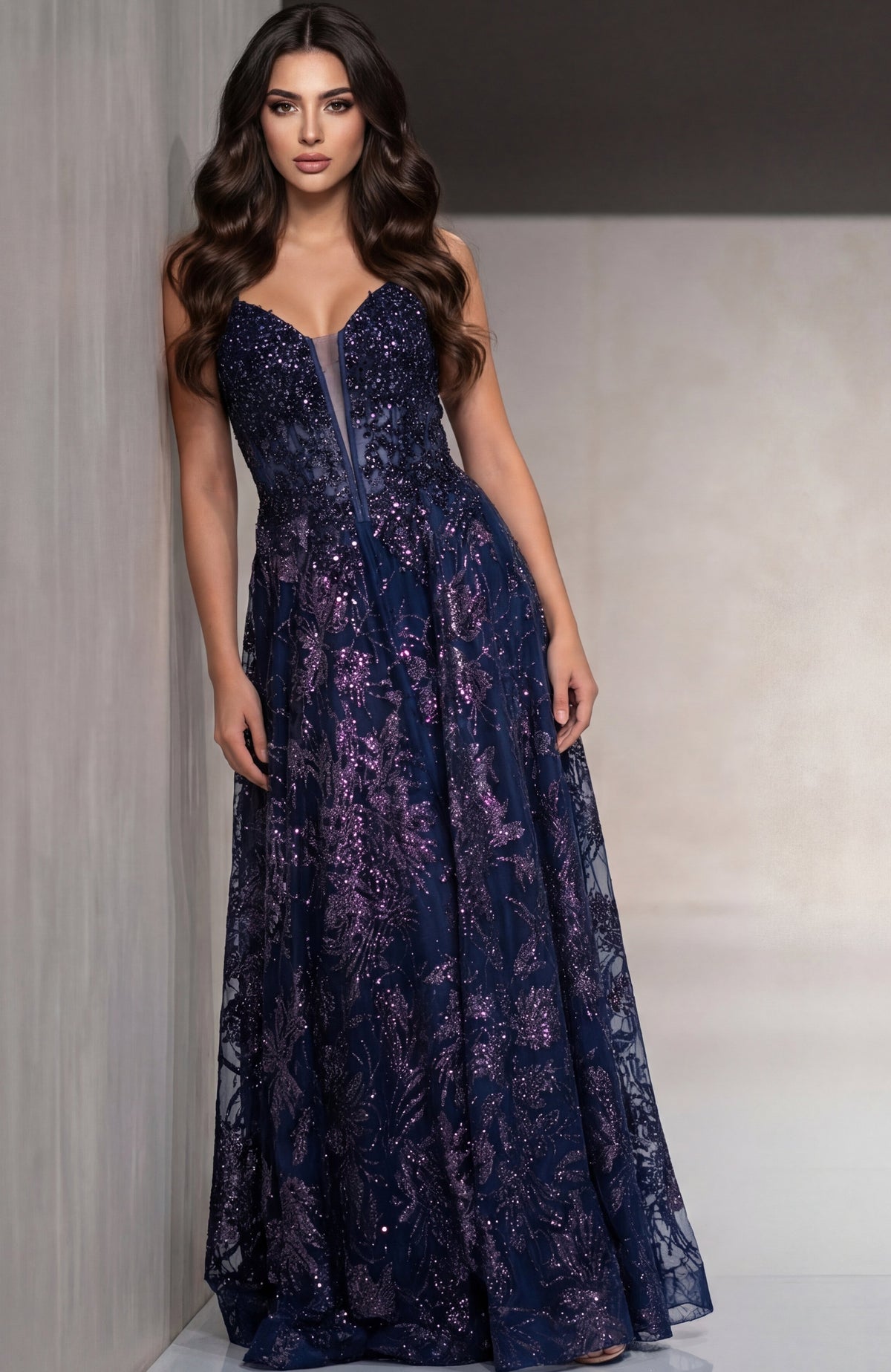 Jovani 42199 Spaghetti Strap A-Line Gown with Embellished Bodice