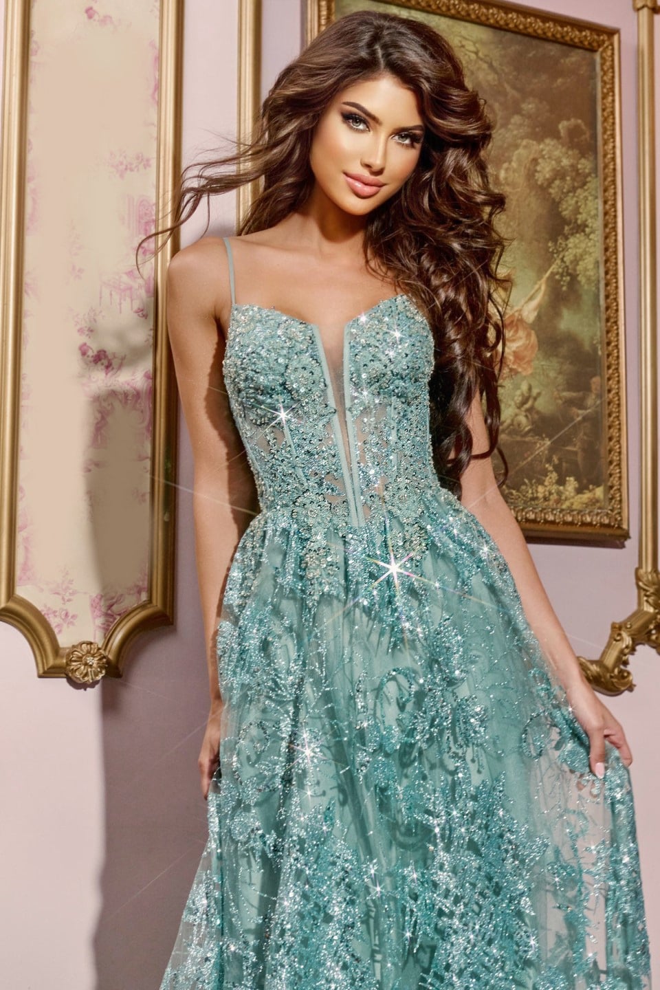 Jovani 42199 Spaghetti Strap A-Line Gown with Embellished Bodice