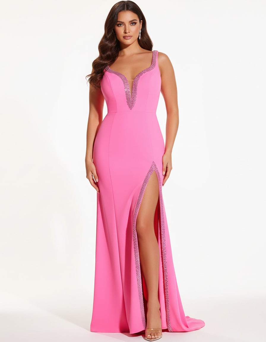 Jovani 42899 V-Neck Gown with Crystal Embellishments and High Slit