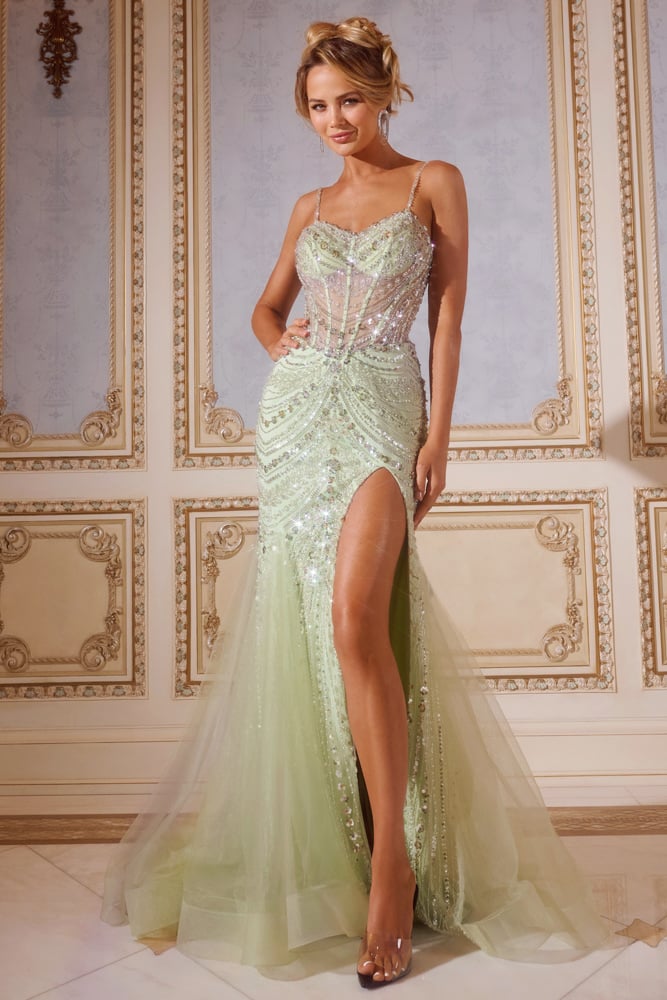 Jovani 43189 Sheer Corset Bodice Gown with High Slit and Beaded Detailing