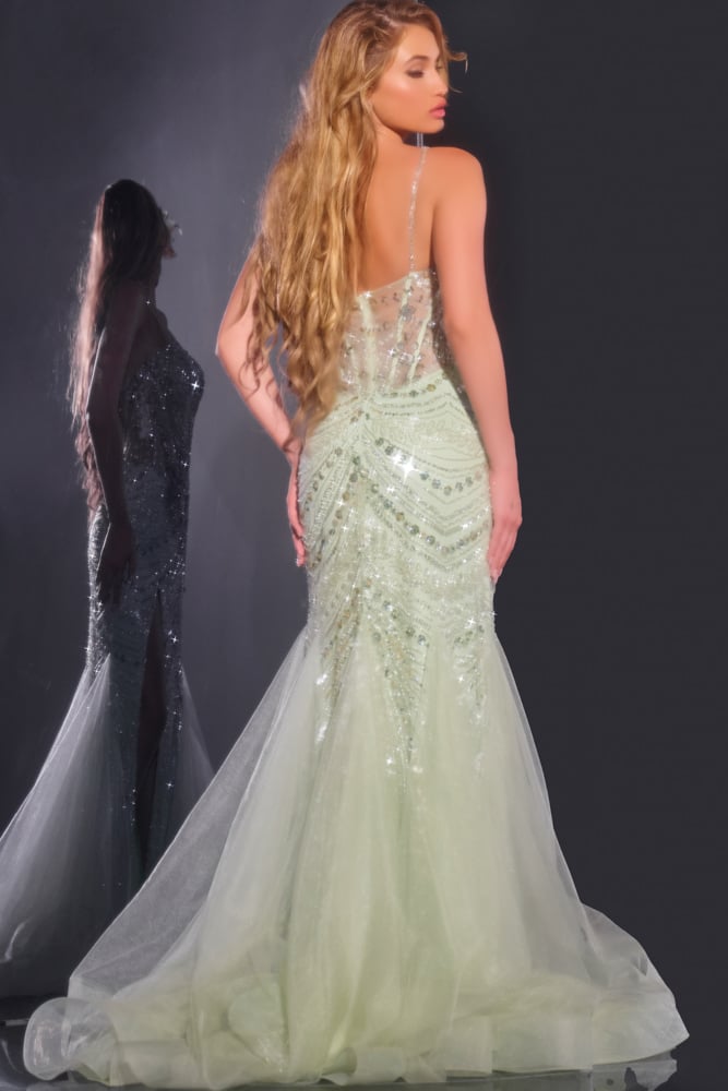 Jovani 43189 Sheer Corset Bodice Gown with High Slit and Beaded Detailing