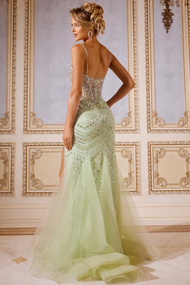 Jovani 43189 Sheer Corset Bodice Gown with High Slit and Beaded Detailing
